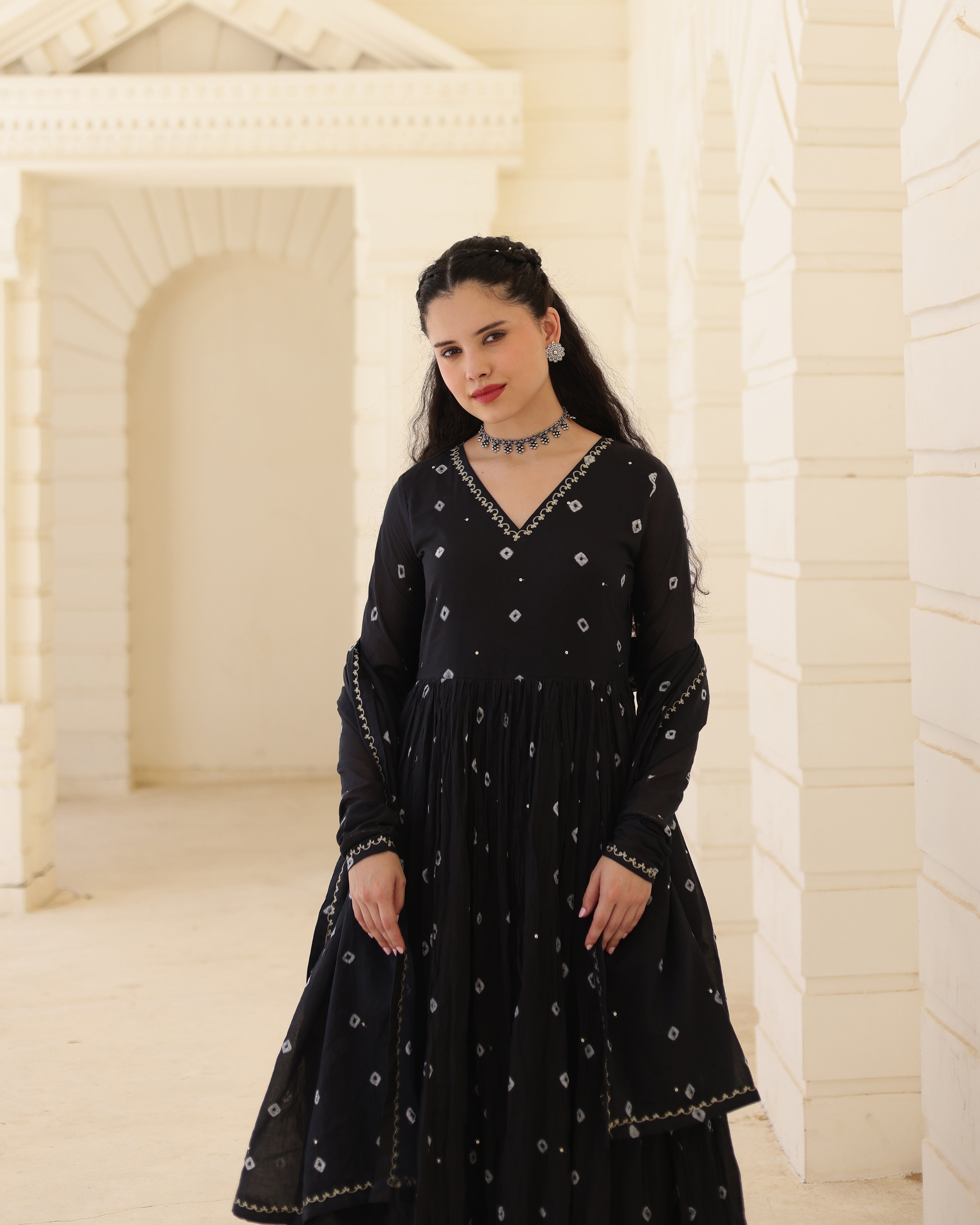 Noir Bindiya Black Cotton Mulmul Bandhani Aari Zari Embroidered Suit Set