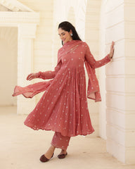 Dusty Rose Cotton Mulmul Bandhani Suit Set with Aari Zari Work