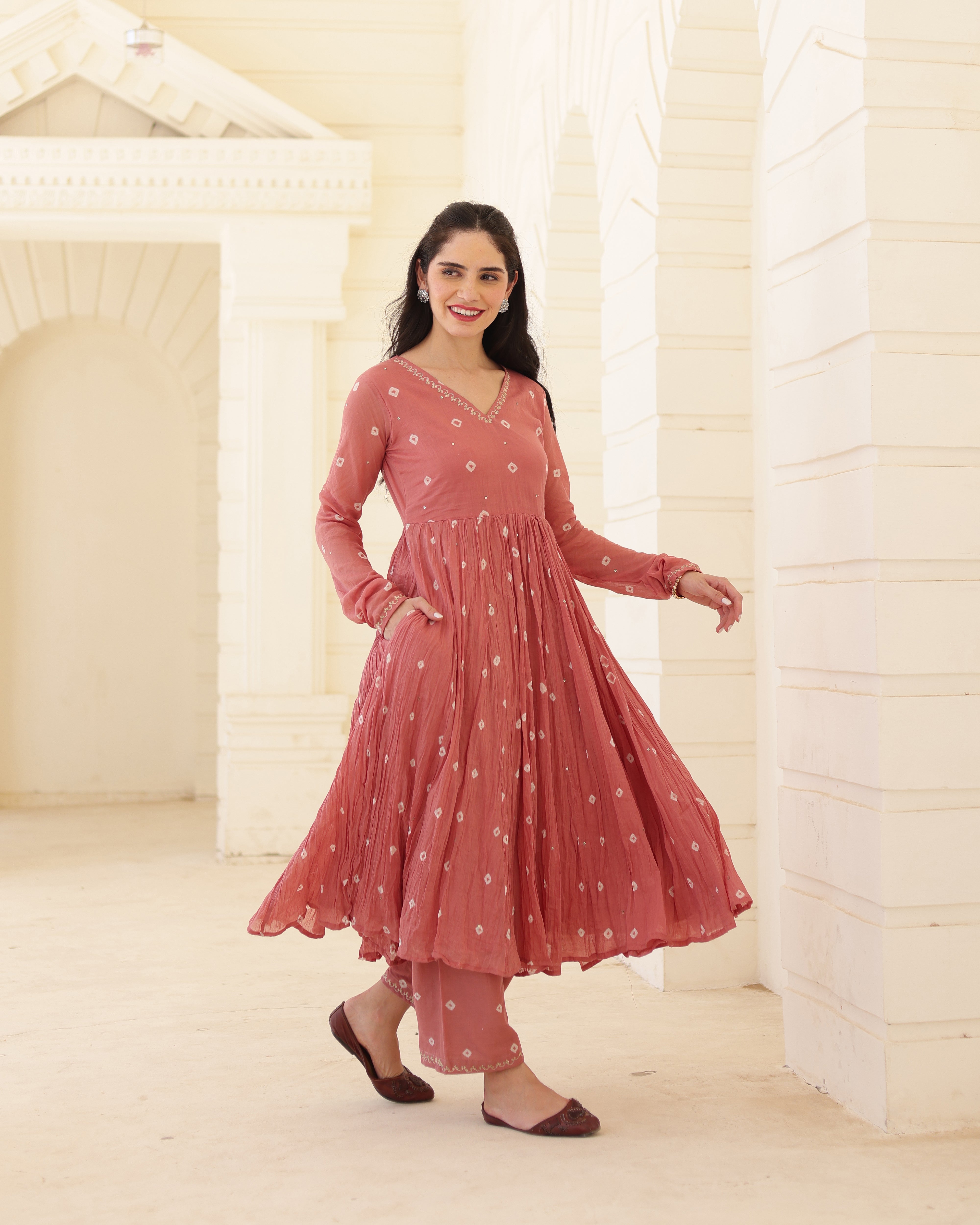 Dusty Rose Cotton Mulmul Bandhani Suit Set with Aari Zari Work