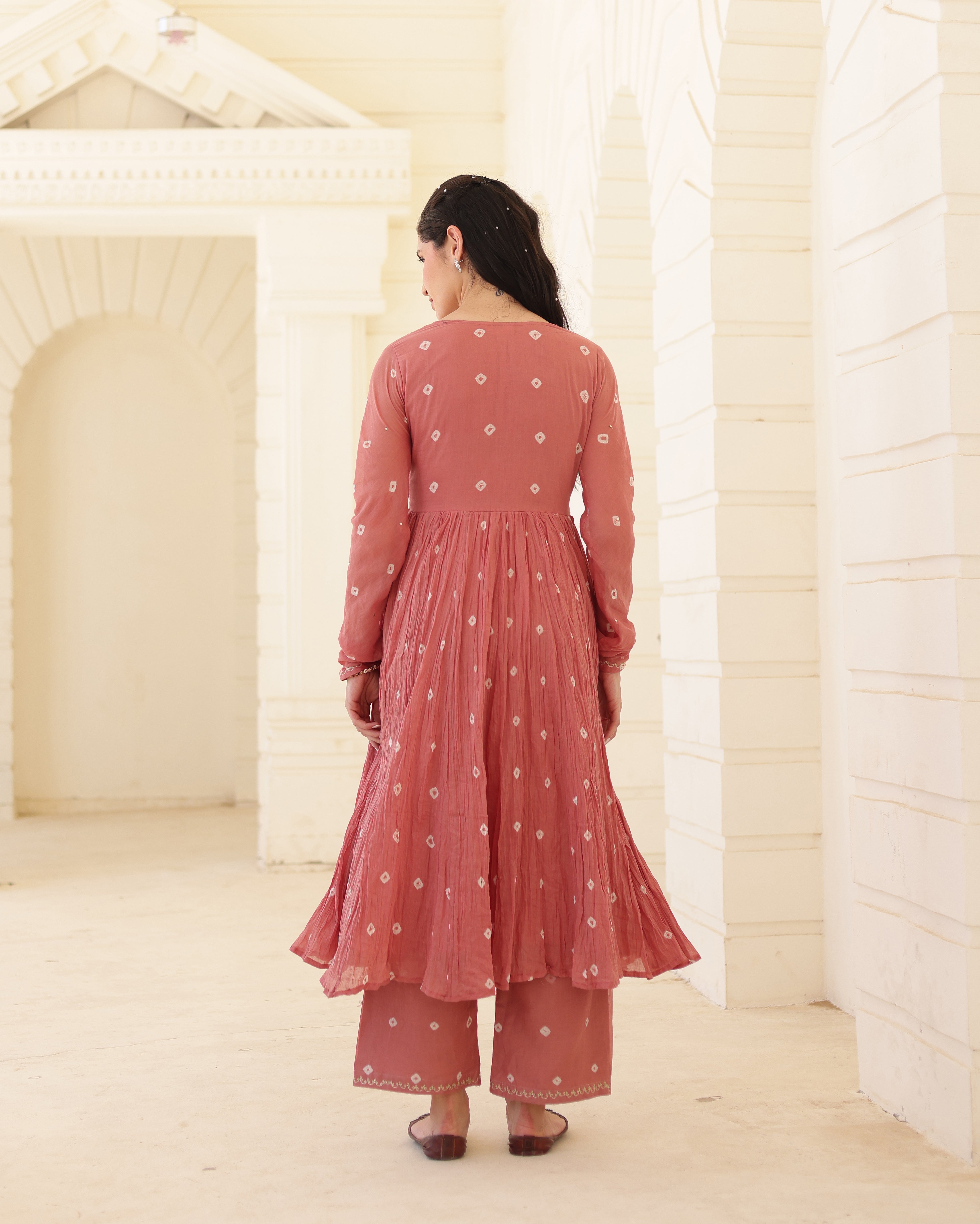 Dusty Rose Cotton Mulmul Bandhani Suit Set with Aari Zari Work