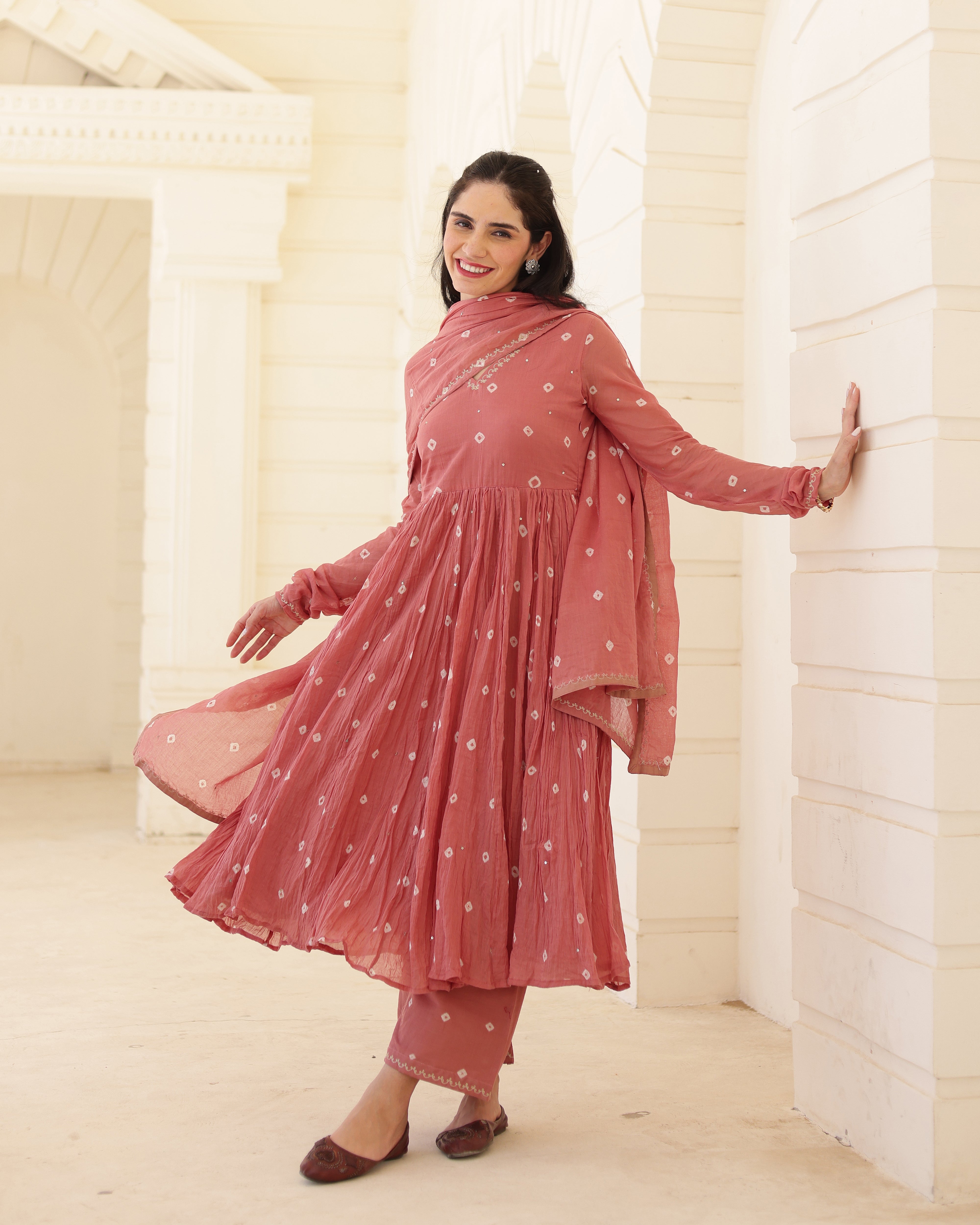Dusty Rose Cotton Mulmul Bandhani Suit Set with Aari Zari Work