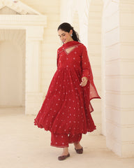 Ruhani Crimson Cotton Mulmul Bandhani Suit Set with Aari Zari Embroidery