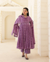 Lilac Noor Cotton Mulmul Bandhani Suit Set with Aari Zari Embroidery