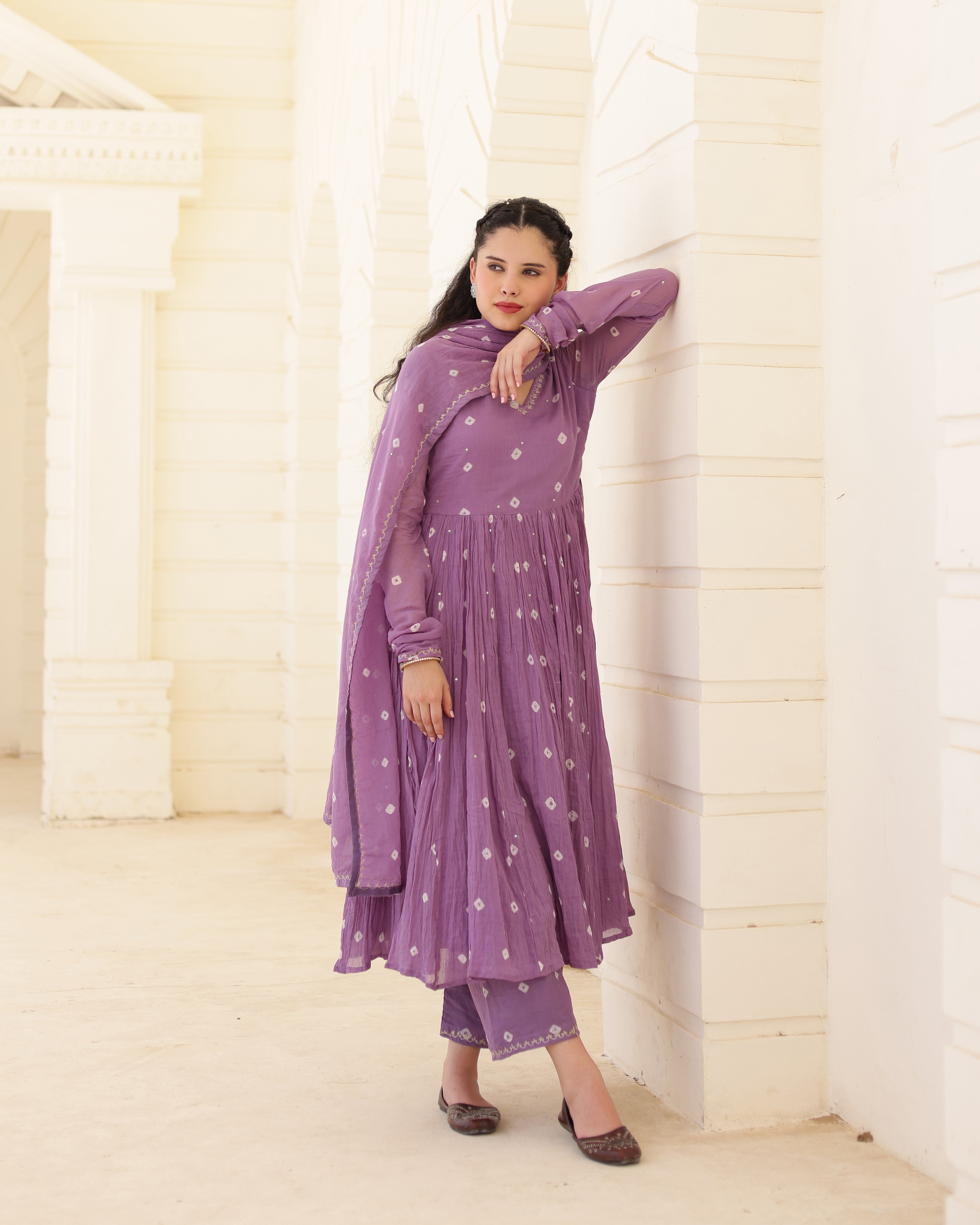Lilac Noor Cotton Mulmul Bandhani Suit Set with Aari Zari Embroidery