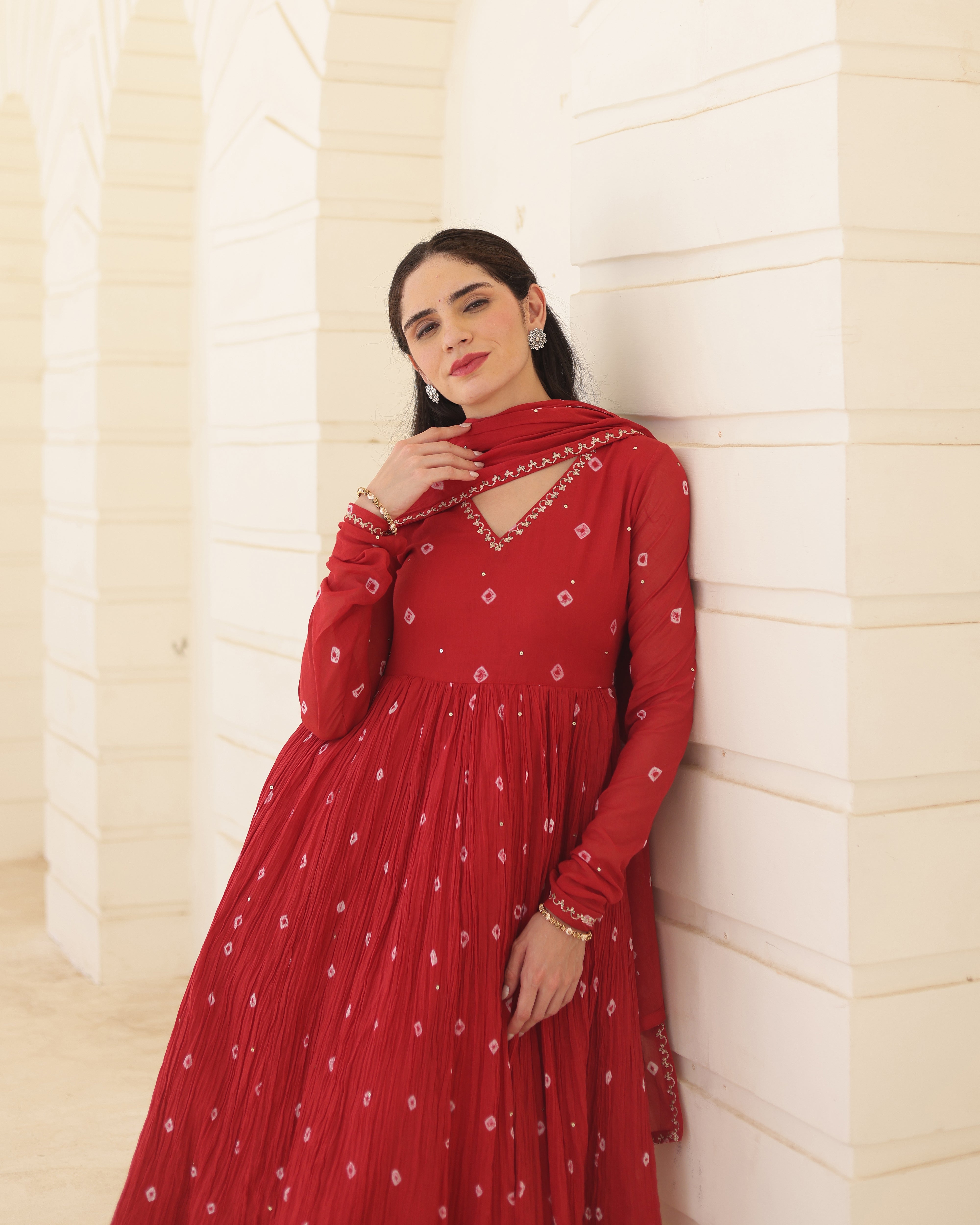 Ruhani Crimson Cotton Mulmul Bandhani Suit Set with Aari Zari Embroidery