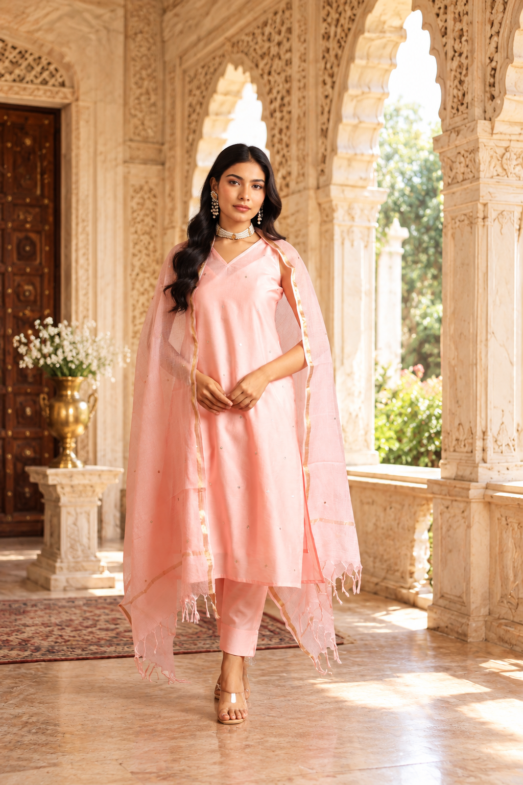 Light Pink Chanderi Taari Embroidered Straight Set With Matching Doriya Dupatta