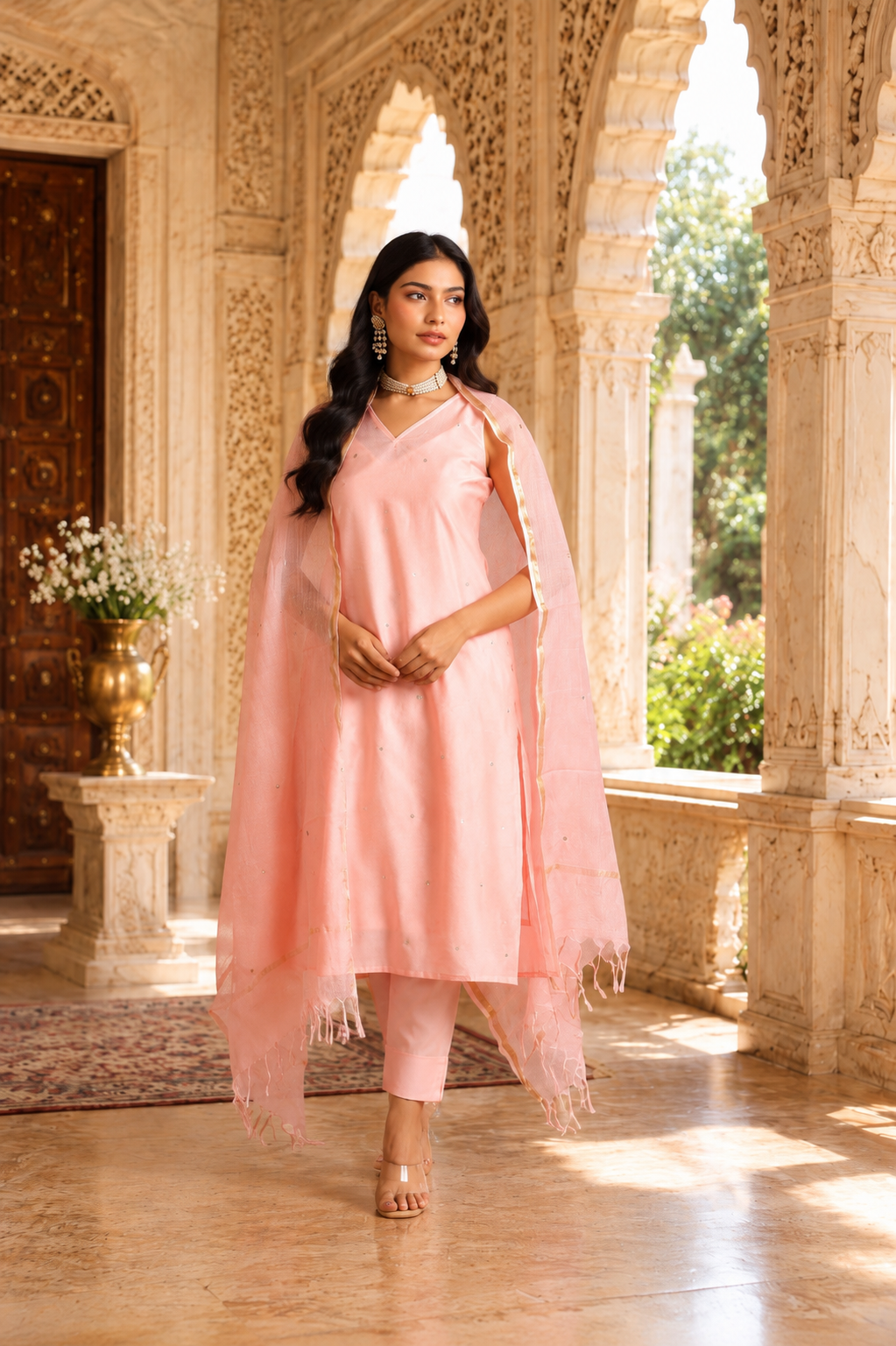 Light Pink Chanderi Taari Embroidered Straight Set With Matching Doriya Dupatta