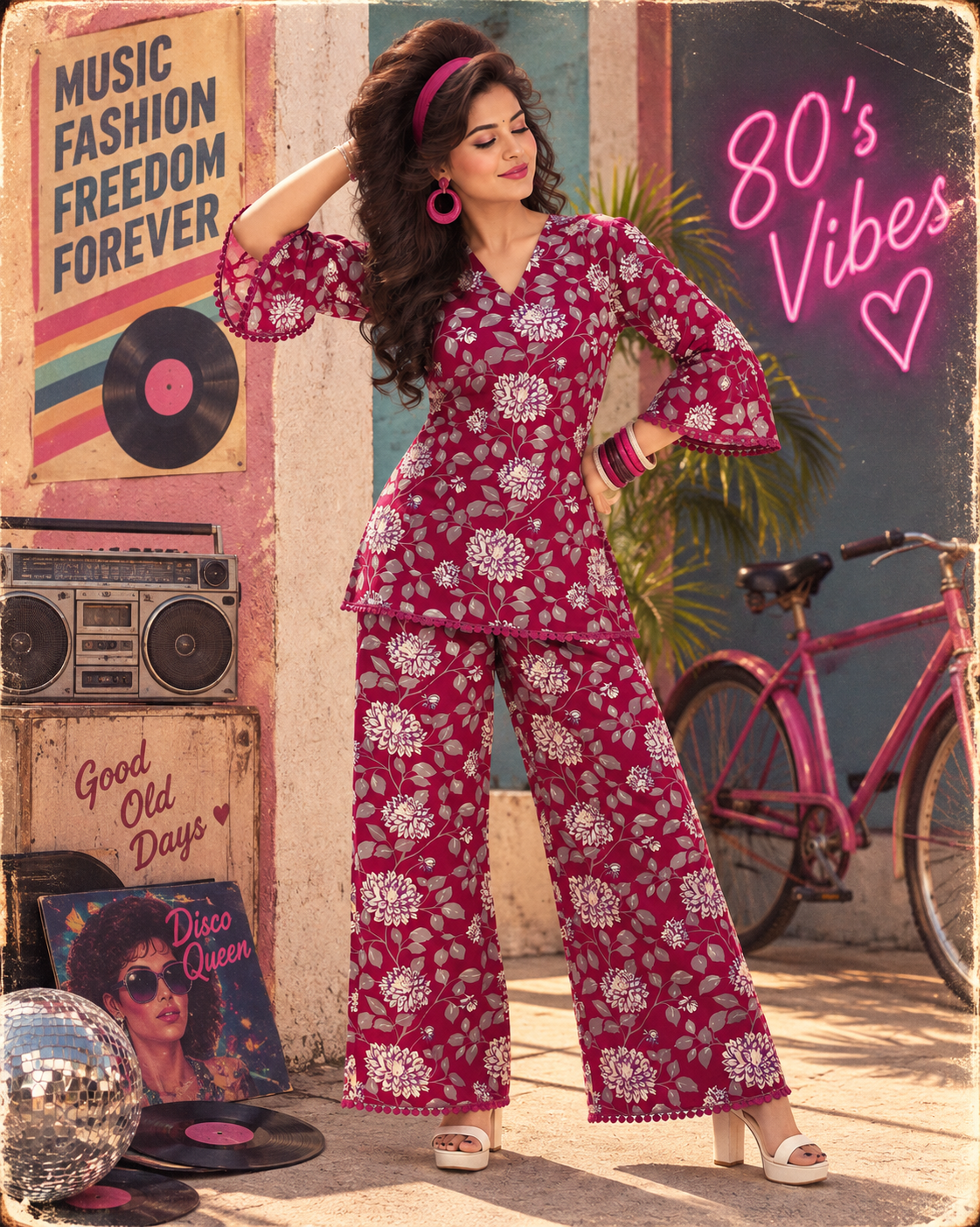 Magenta Floral Handblock Co-ord Set