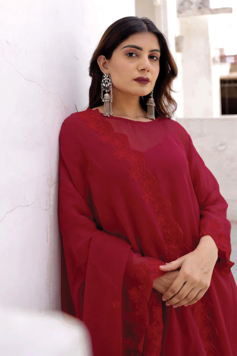 Red Hand Aari Embroidery Viscose Organza Three Kali Kurta Set