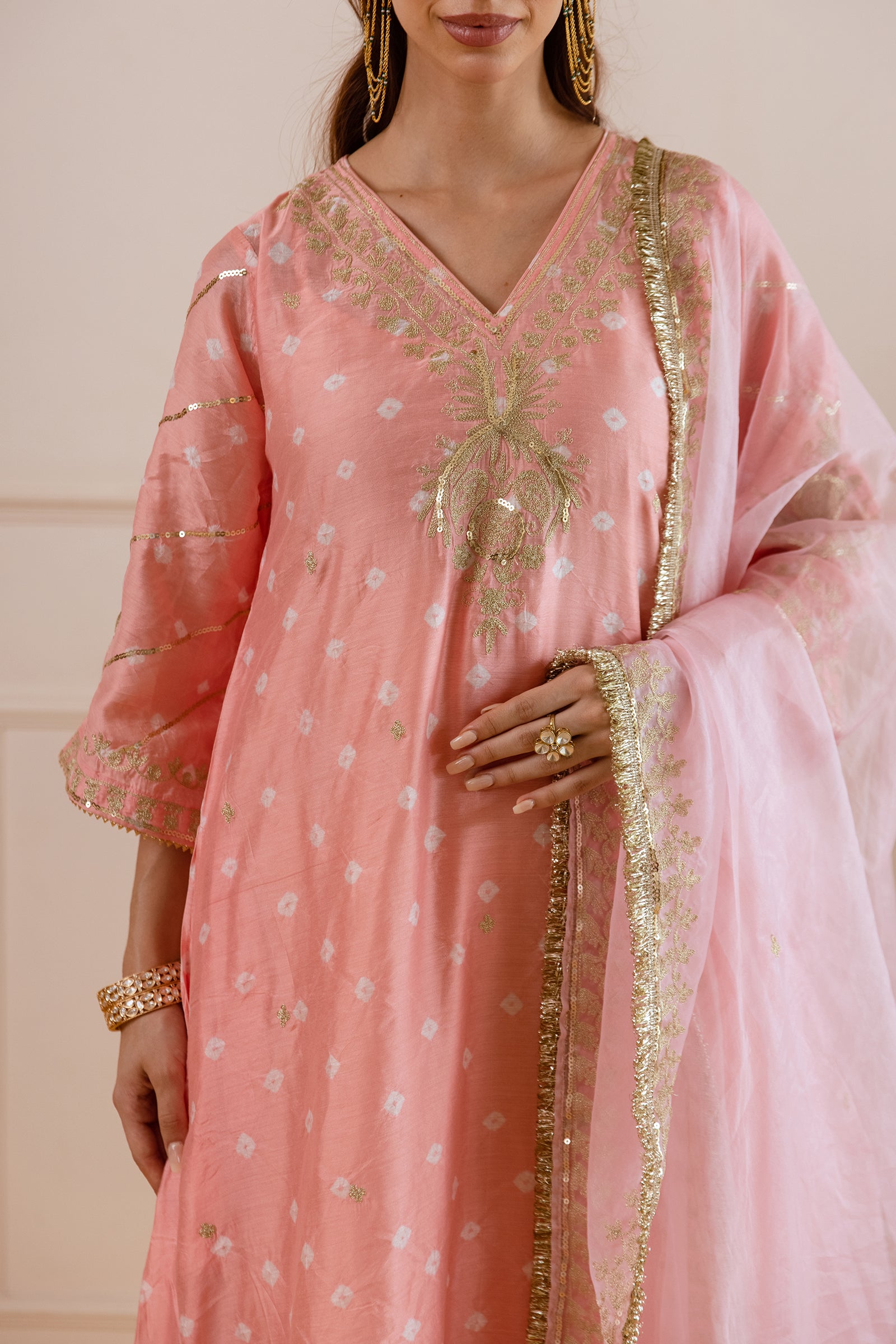 Soft Peach Hand Bandhej straight Suit Set- Asrumo