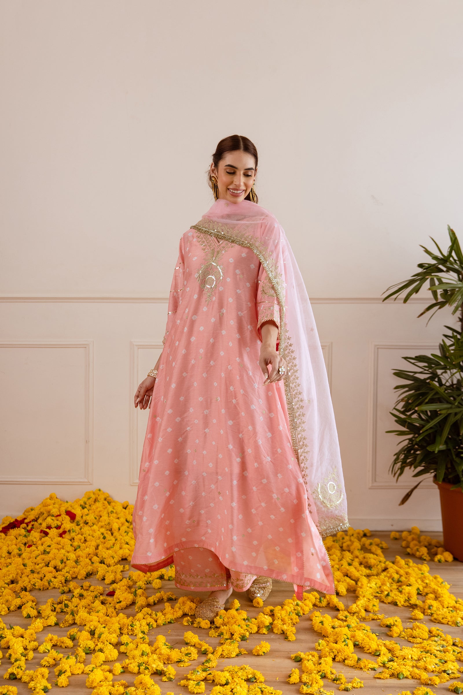 Soft Peach Hand Bandhej straight Suit Set- Asrumo