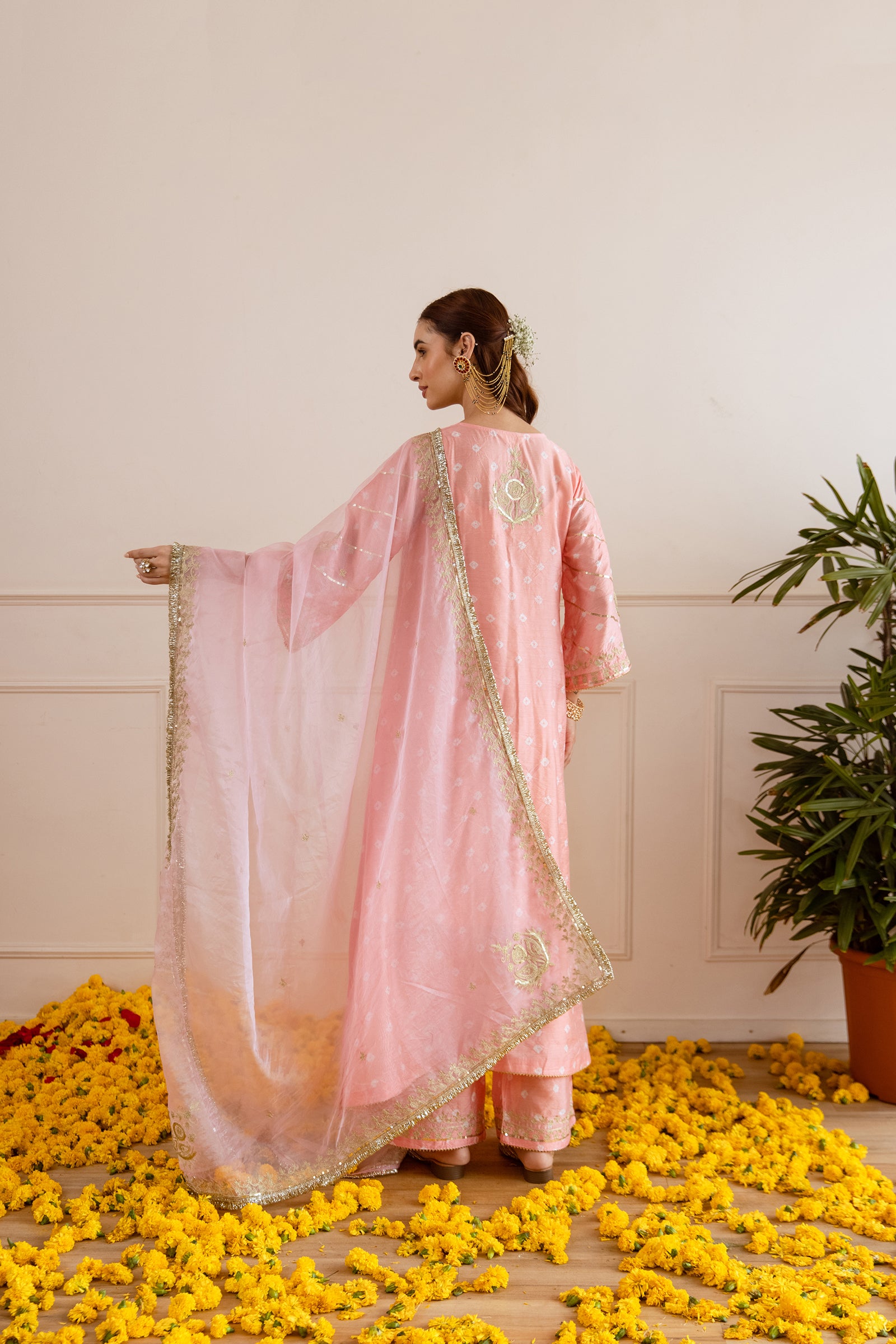 Soft Peach Hand Bandhej straight Suit Set- Asrumo