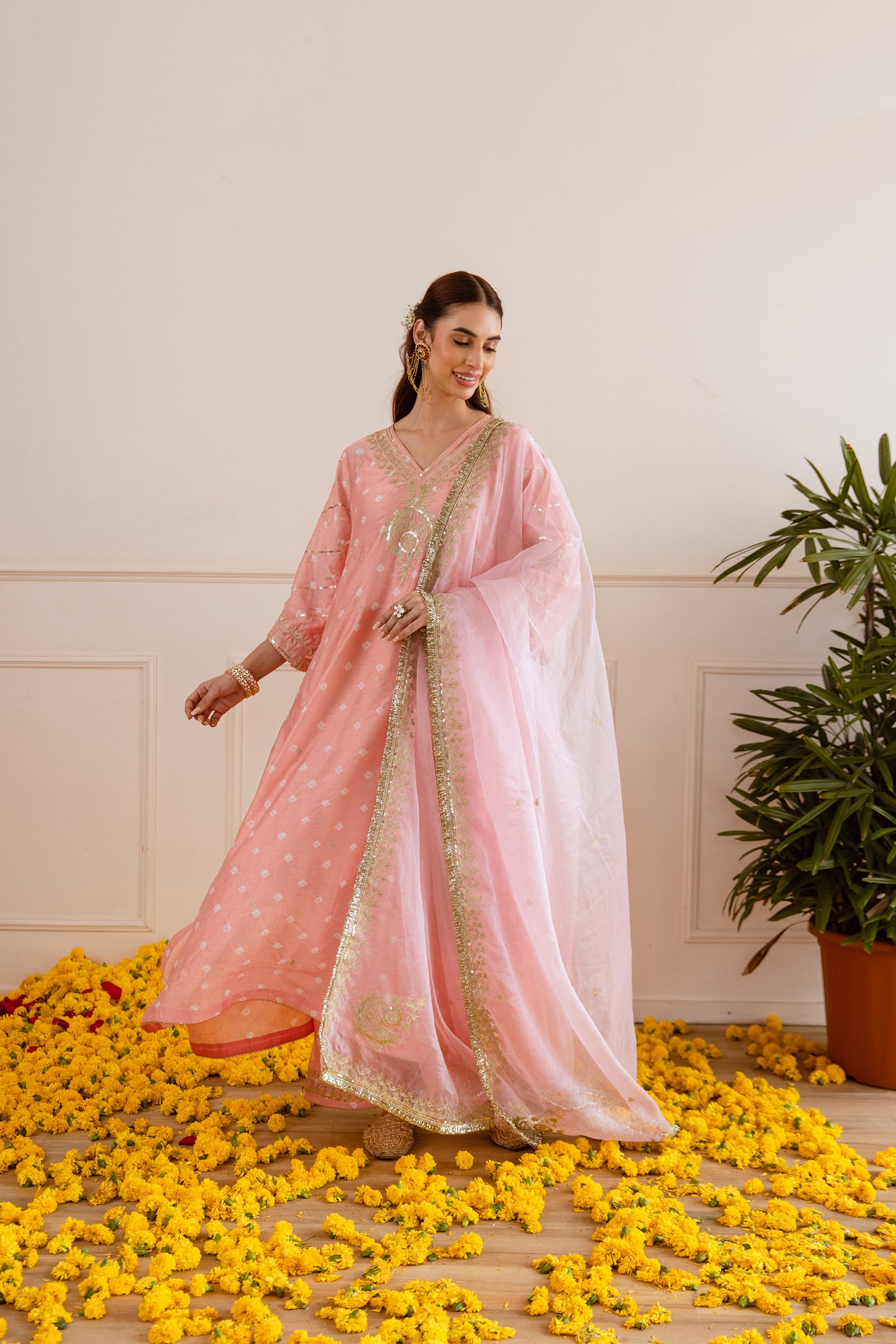 Soft Peach Hand Bandhej straight Suit Set- Asrumo