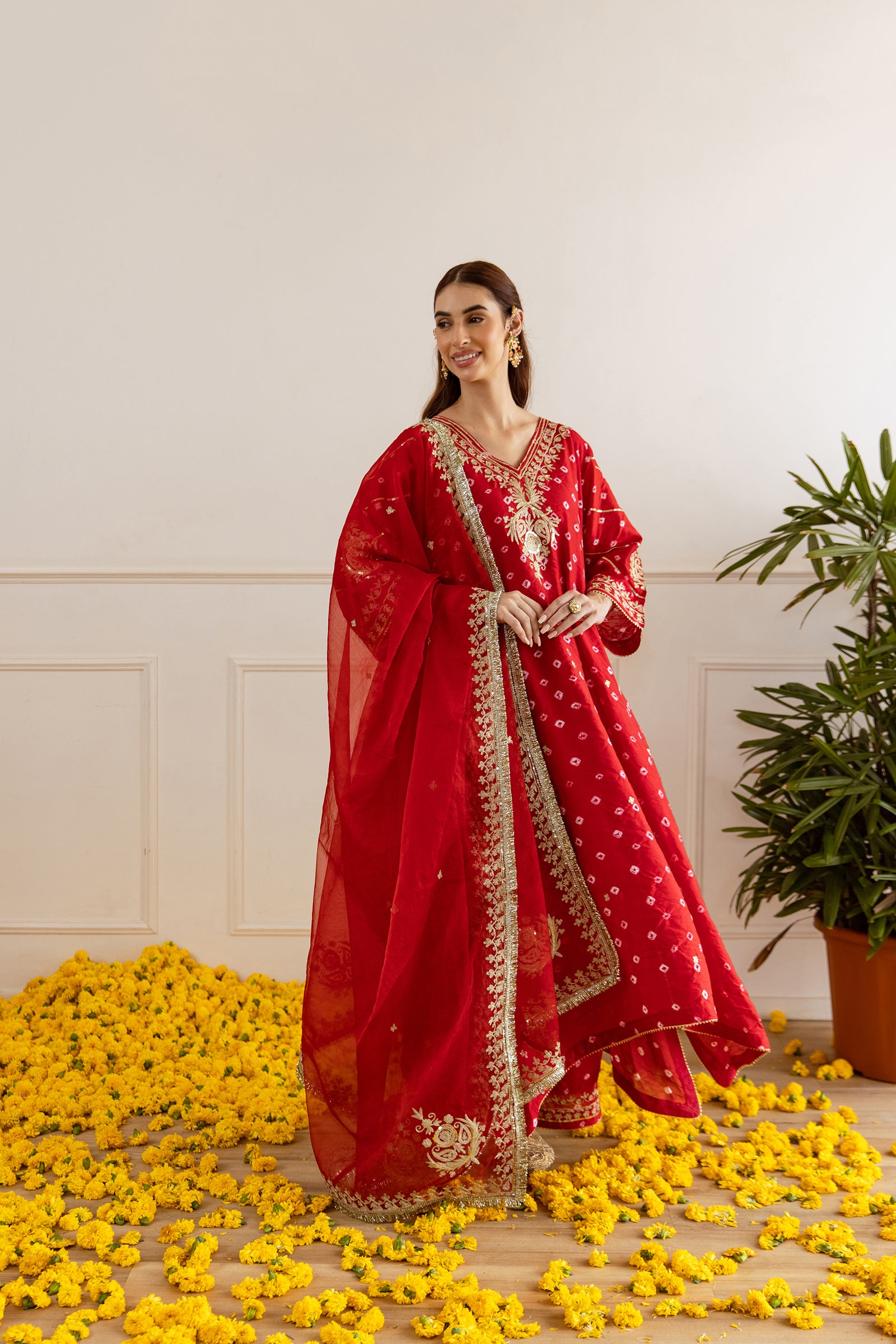 Festive Red Hand Bandhej Straight Suit Set - Asrumo