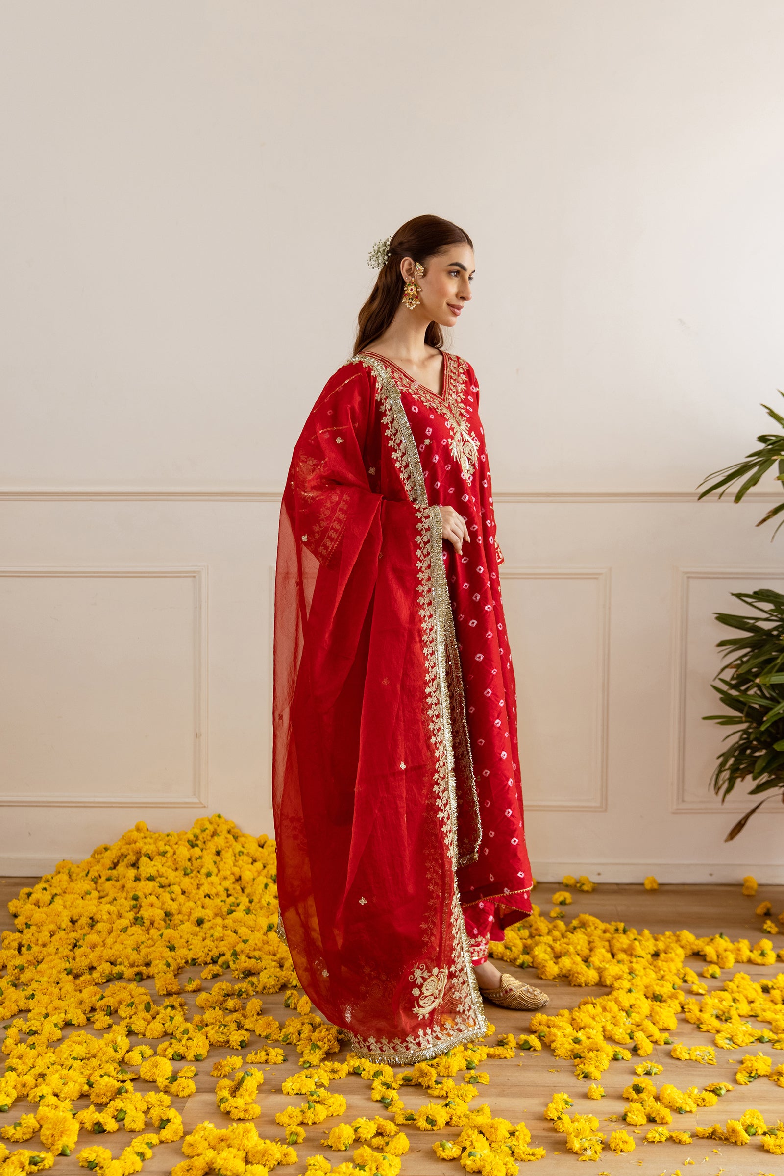 Festive Red Hand Bandhej Straight Suit Set - Asrumo