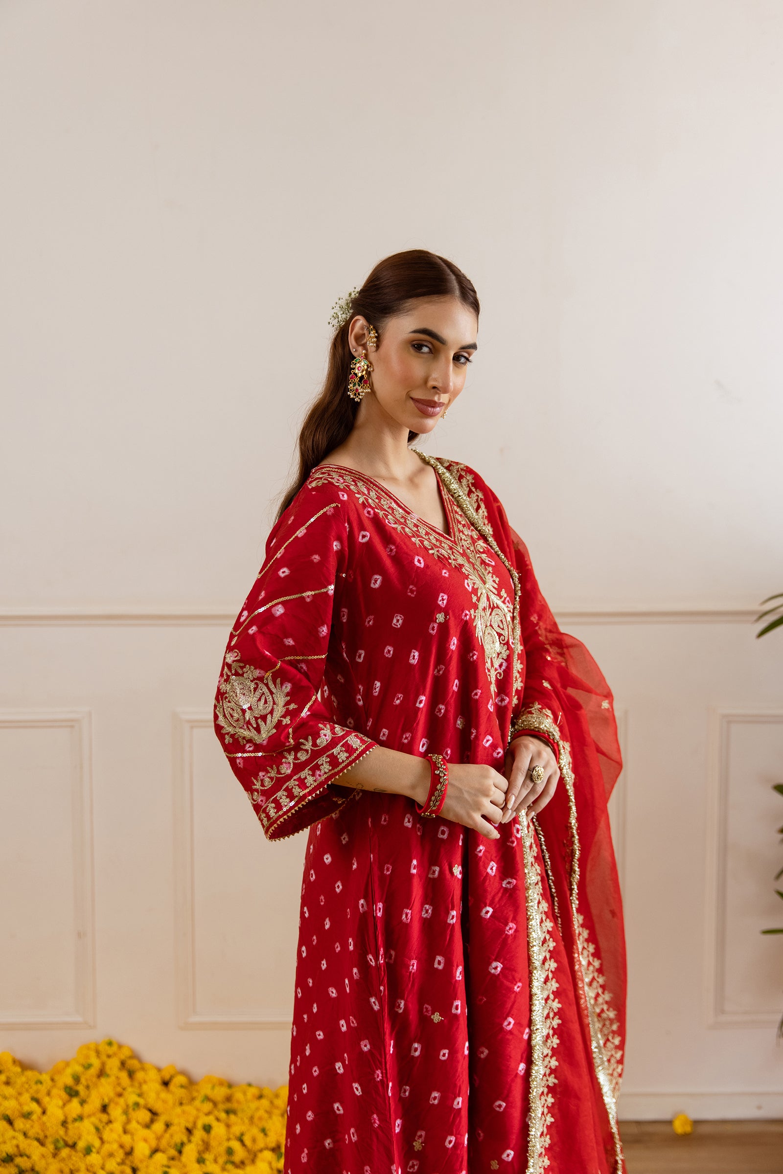 Festive Red Hand Bandhej Straight Suit Set - Asrumo
