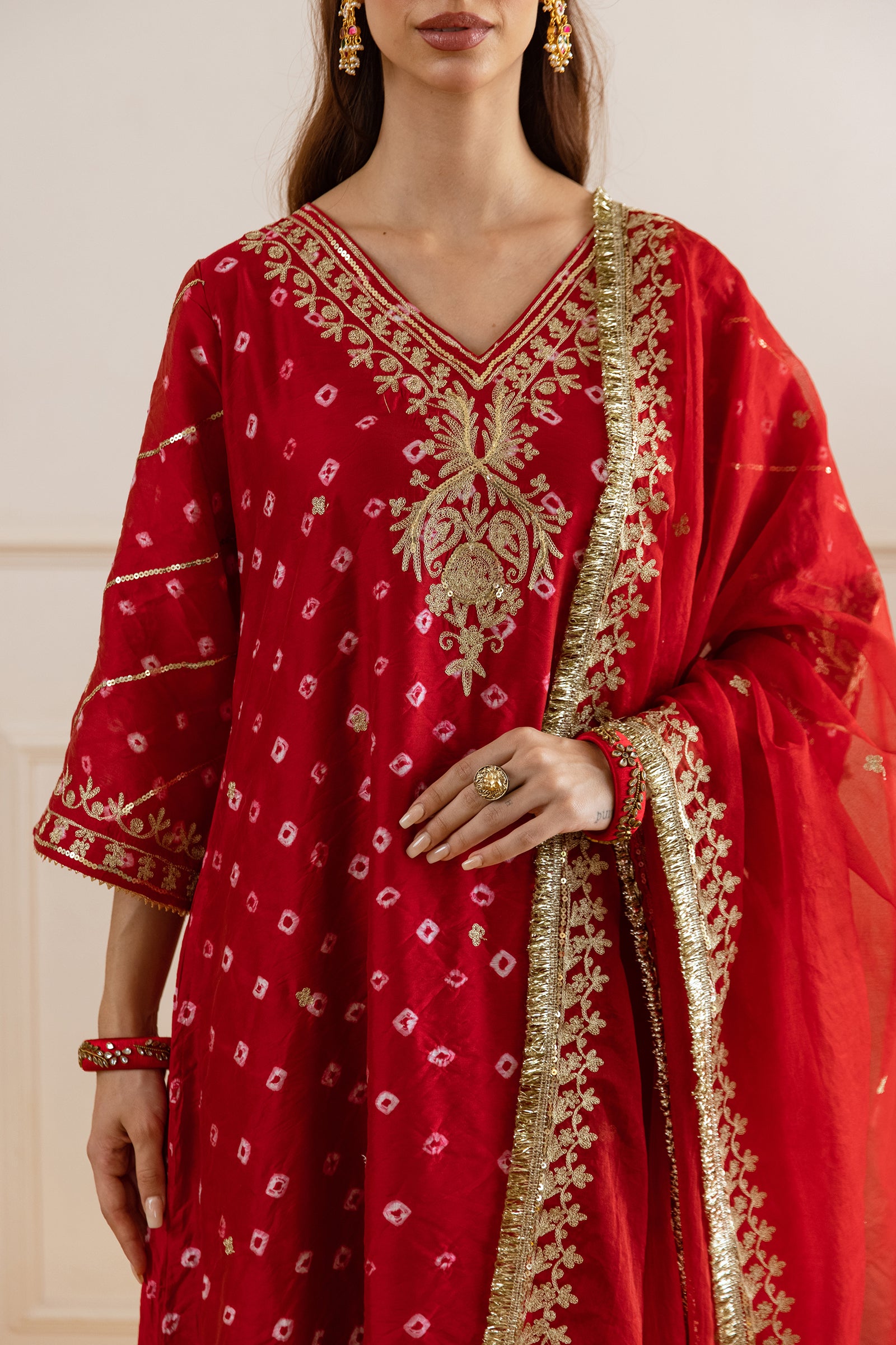 Festive Red Hand Bandhej Straight Suit Set - Asrumo