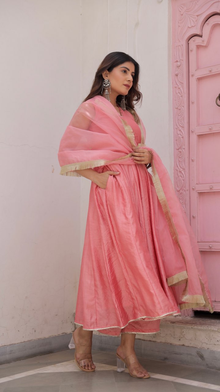Pink Chaderi Zari work Anarkali with organza dupatta Asrumo