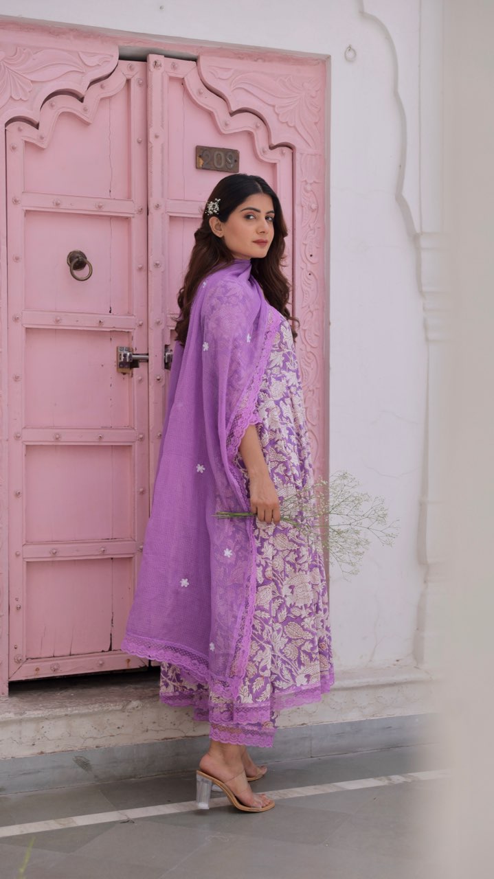 Purple Jaal Handblock Cotton Anarkali With Doriya Dupatta Asrumo
