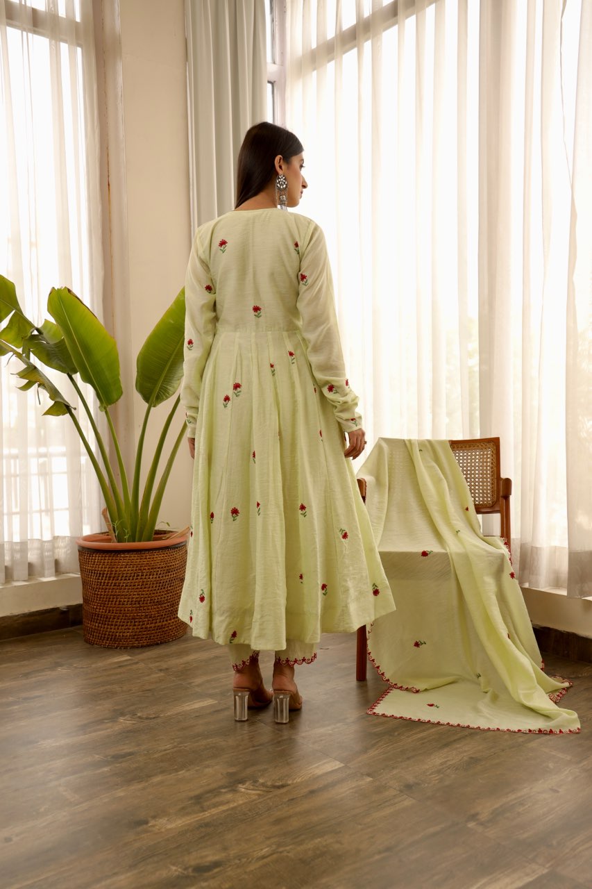 Chanderi pista green embroidered anarkali set Asrumo