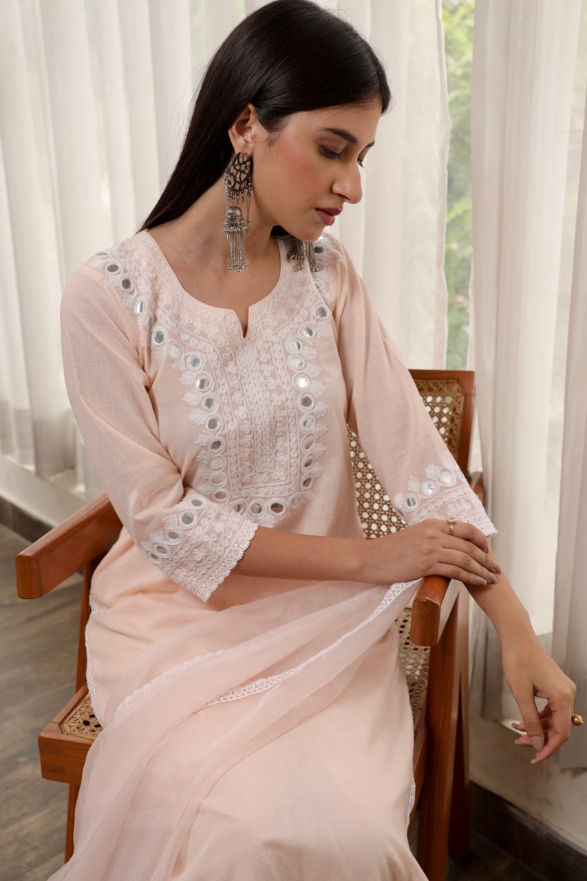 Pink embroidered cotton straight set Asrumo