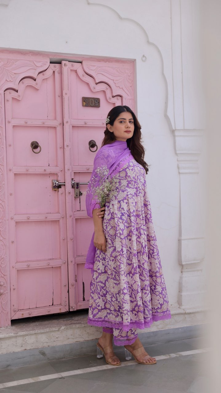 Purple Jaal Handblock Cotton Anarkali With Doriya Dupatta Asrumo
