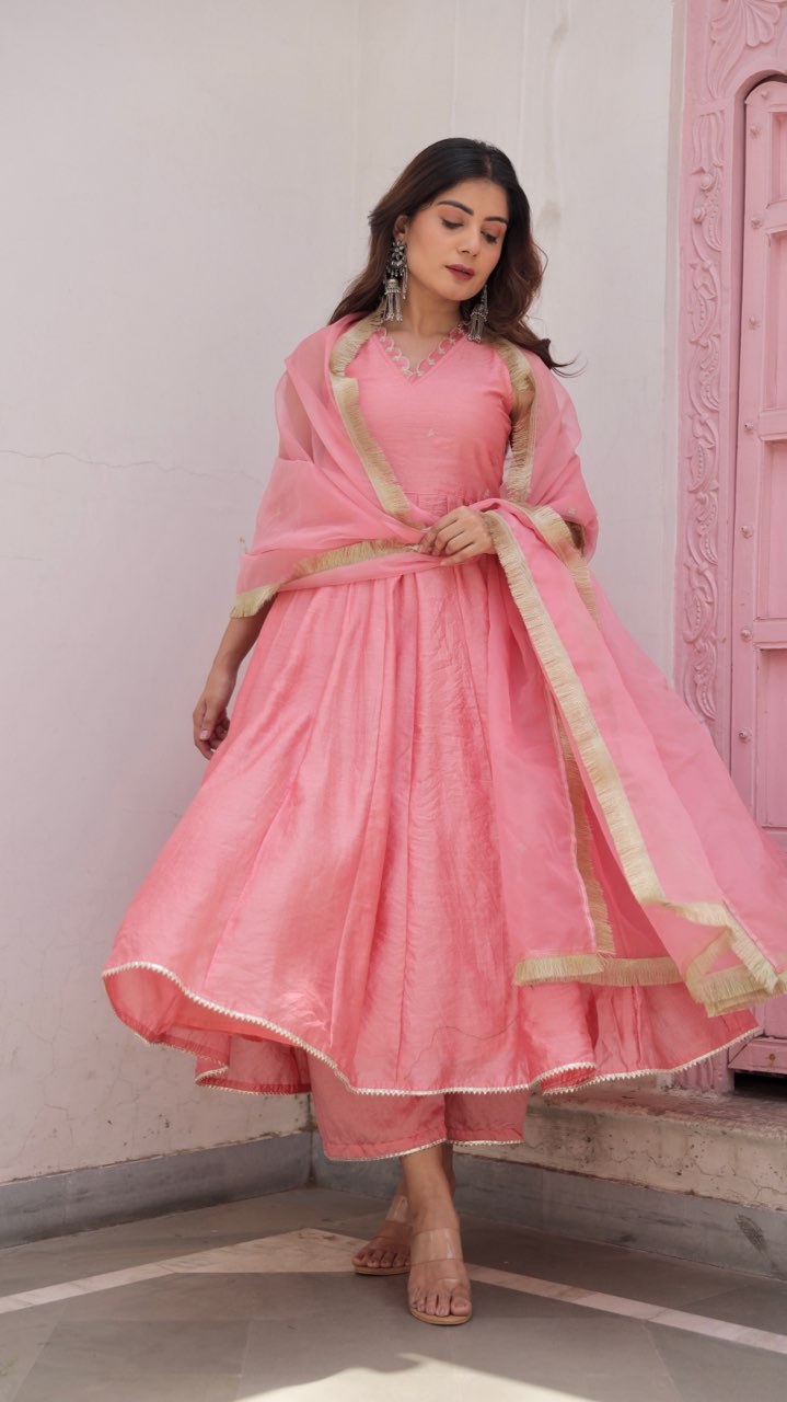 Pink Chaderi Zari work Anarkali with organza dupatta Asrumo