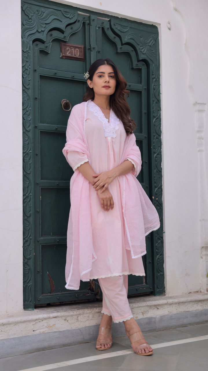 Pink Cotton Tie & Dye White Lace Straight Set with Doriya Dupatta Asrumo