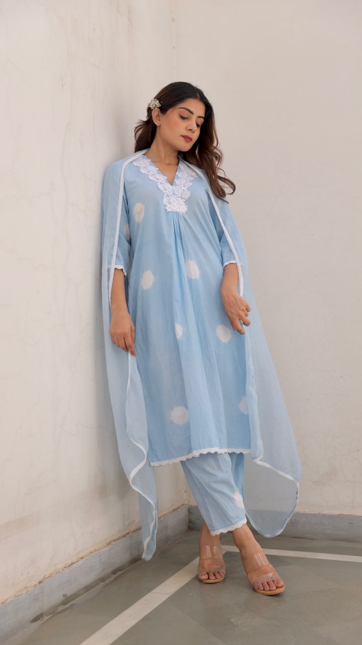 Blue Cotton Tie & Dye White Lace Straight Set with Doriya Dupatta Asrumo