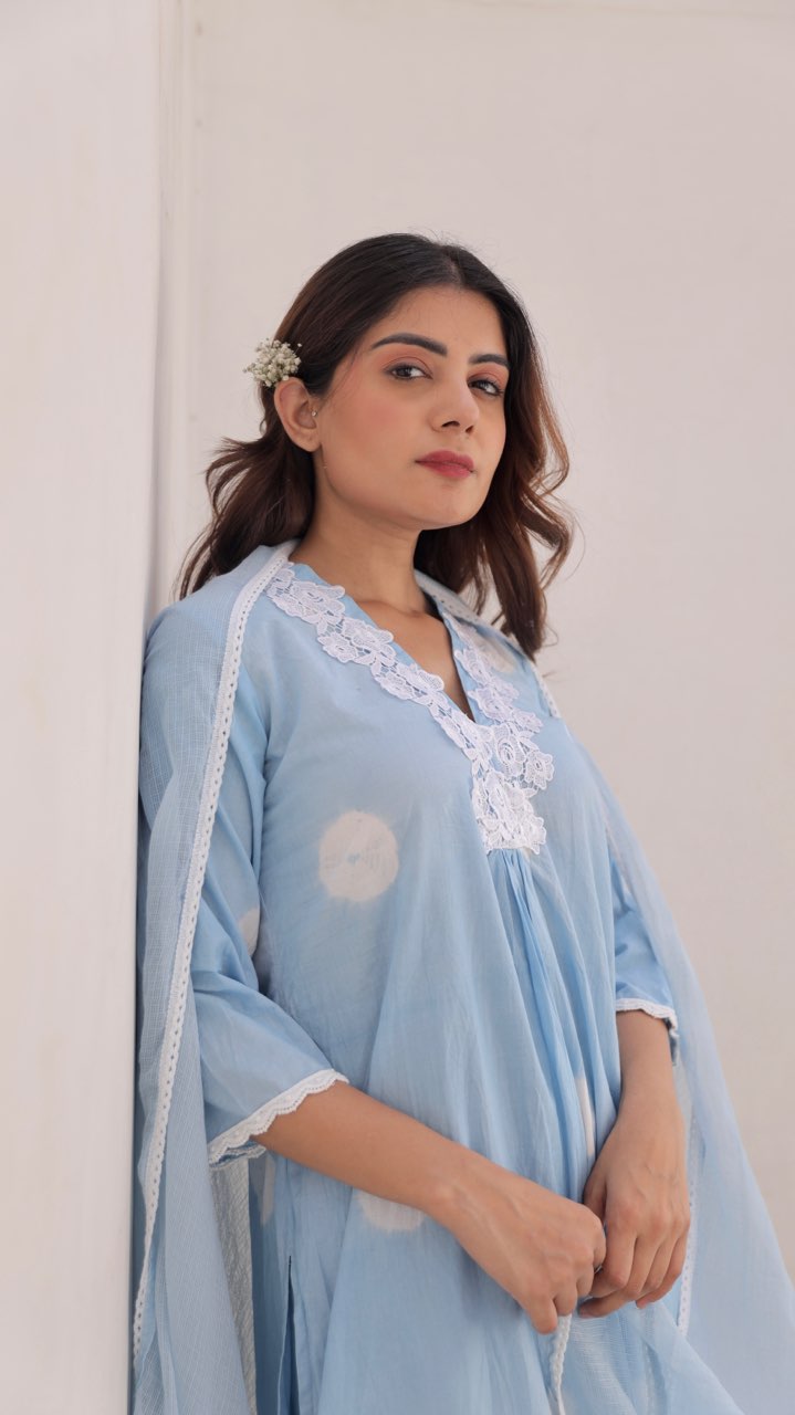 Blue Cotton Tie & Dye White Lace Straight Set with Doriya Dupatta Asrumo