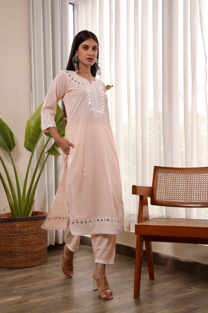 Pink embroidered cotton straight set Asrumo