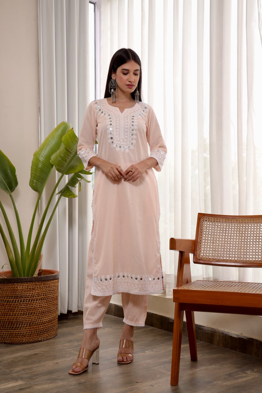 Pink embroidered cotton straight set Asrumo