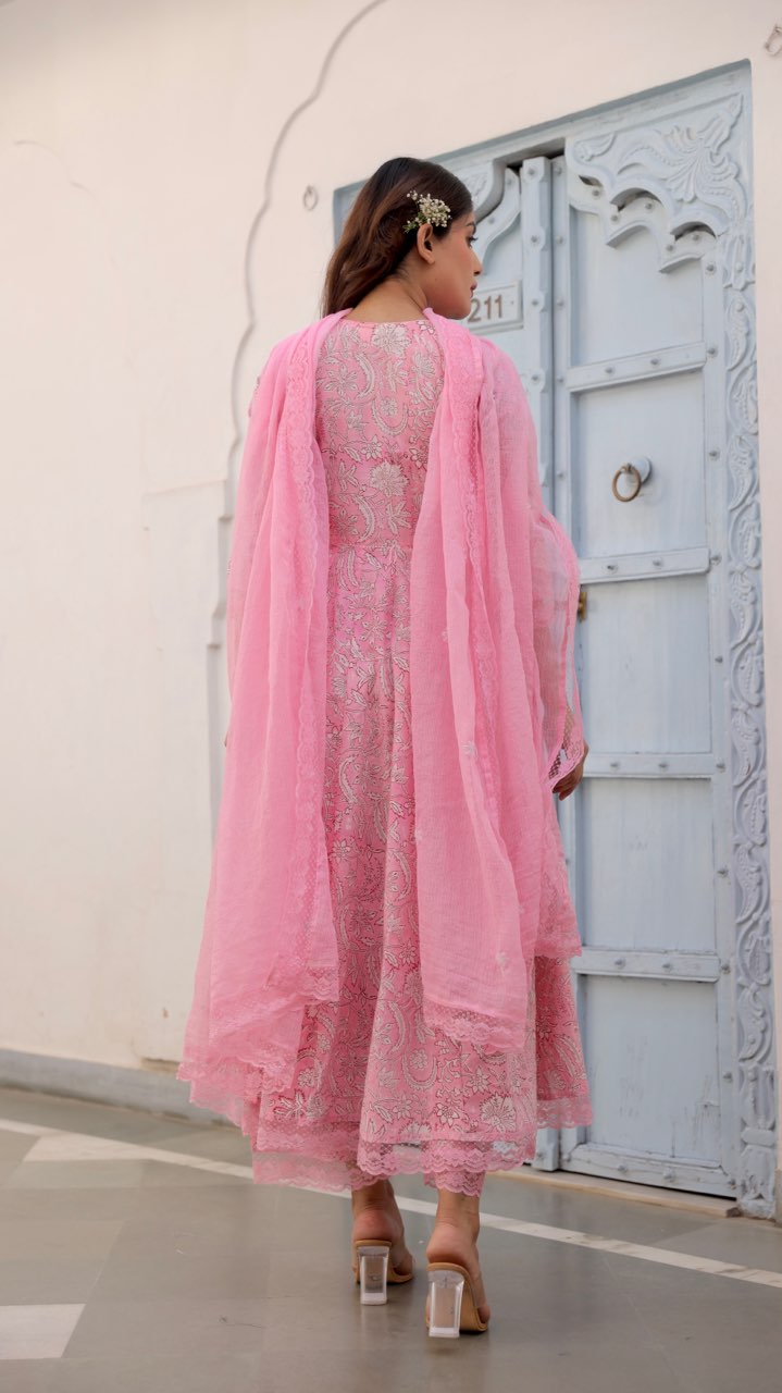Pink Jaal Handblock Cotton Anarkali With Doriya Dupatta Asrumo