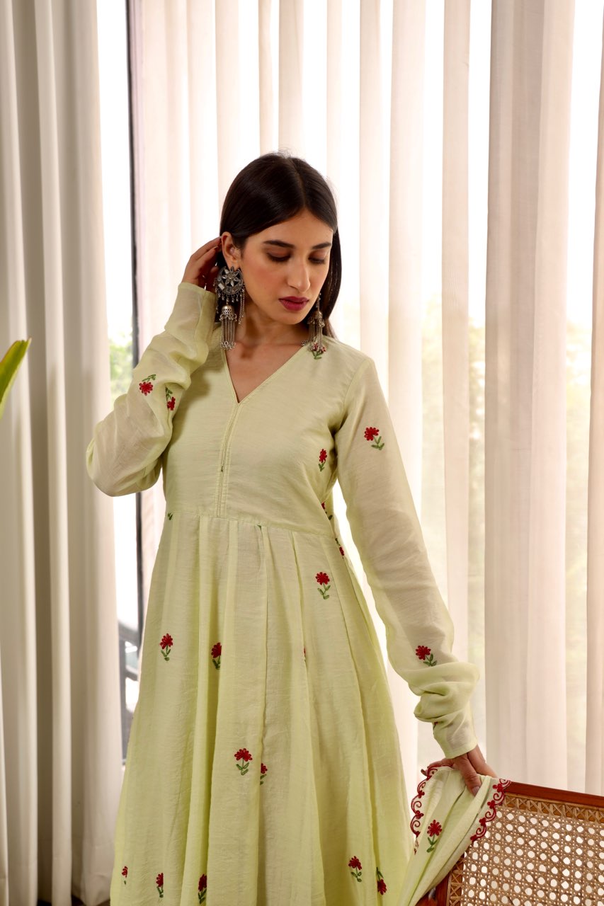 Chanderi pista green embroidered anarkali set Asrumo