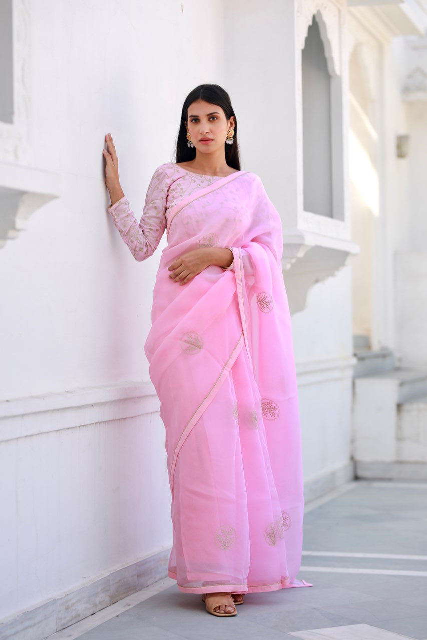 Pink Crepe Ombre Ruffle Ready To Wear Saree at Soch