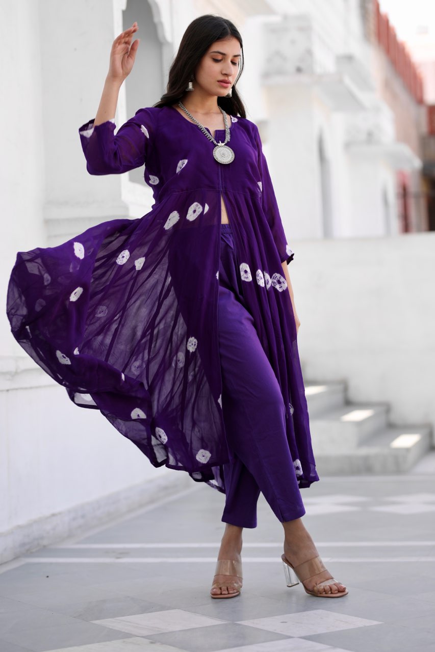 Sabita purple bhandhej anarkali set Asrumo